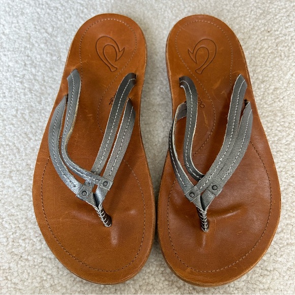 OluKai Shoes - OluKai U'l Leather Thong Sandal with Metallic Double Straps